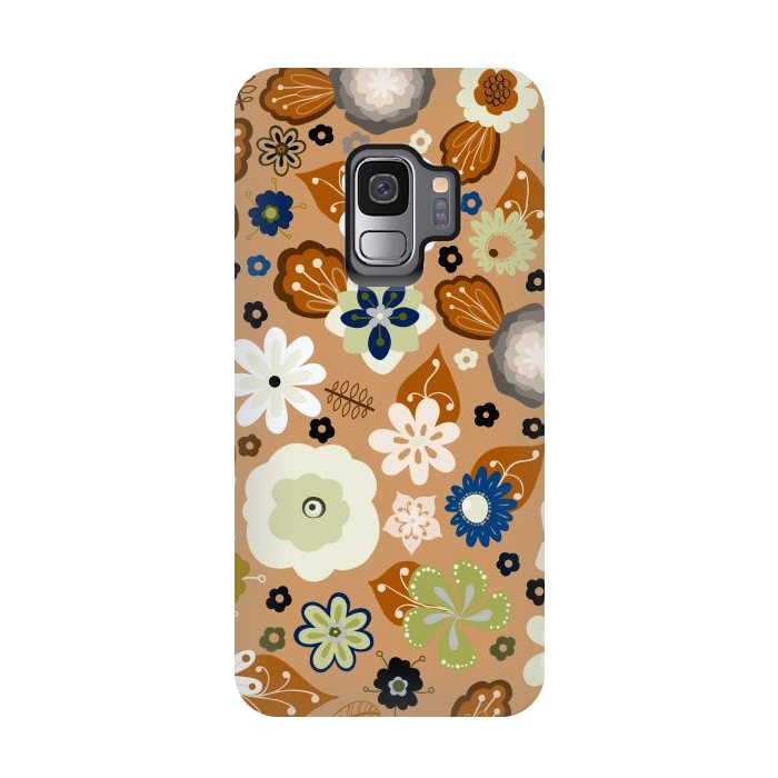 Galaxy S9 StrongFit Kitsch 70s Flowers in Classic Blue and Brown by Paula Ohreen