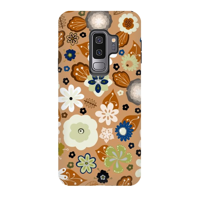 Galaxy S9 plus StrongFit Kitsch 70s Flowers in Classic Blue and Brown by Paula Ohreen
