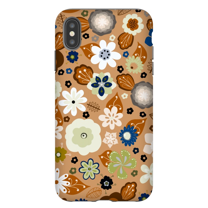 iPhone Xs Max StrongFit Kitsch 70s Flowers in Classic Blue and Brown by Paula Ohreen