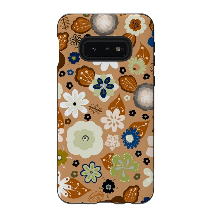Galaxy S10e StrongFit Kitsch 70s Flowers in Classic Blue and Brown by Paula Ohreen