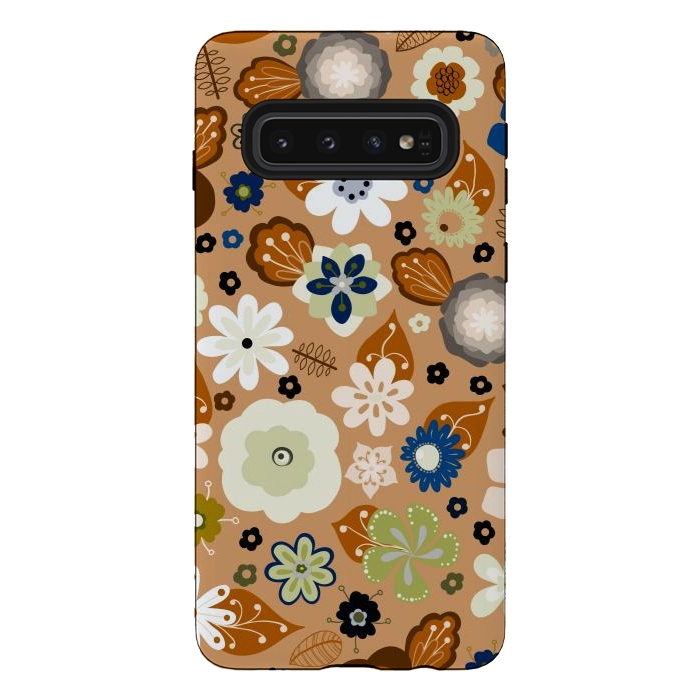 Galaxy S10 StrongFit Kitsch 70s Flowers in Classic Blue and Brown by Paula Ohreen