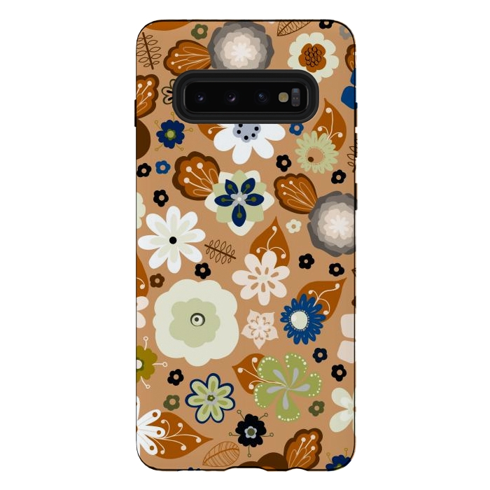 Galaxy S10 plus StrongFit Kitsch 70s Flowers in Classic Blue and Brown by Paula Ohreen