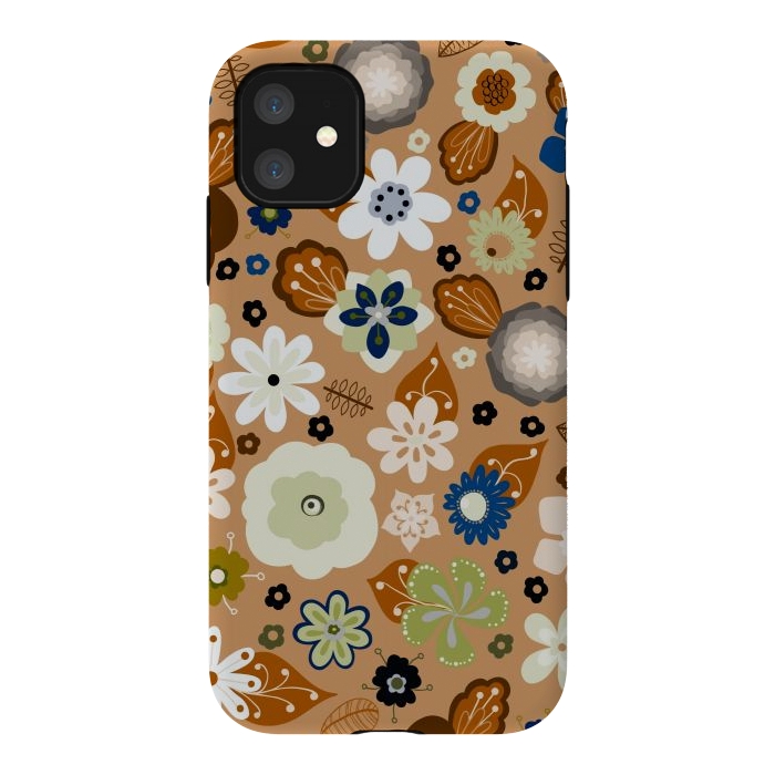 iPhone 11 StrongFit Kitsch 70s Flowers in Classic Blue and Brown by Paula Ohreen