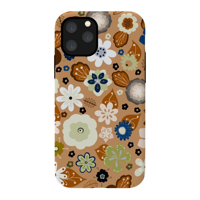 iPhone 11 Pro StrongFit Kitsch 70s Flowers in Classic Blue and Brown by Paula Ohreen