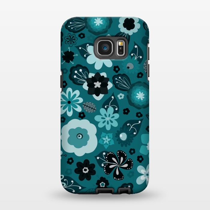 Galaxy S7 EDGE StrongFit Kitsch 70s Flowers in Monochrome Classic Blue by Paula Ohreen
