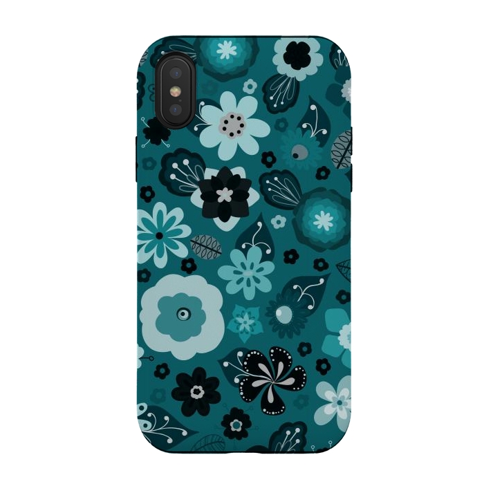 iPhone Xs / X StrongFit Kitsch 70s Flowers in Monochrome Classic Blue by Paula Ohreen