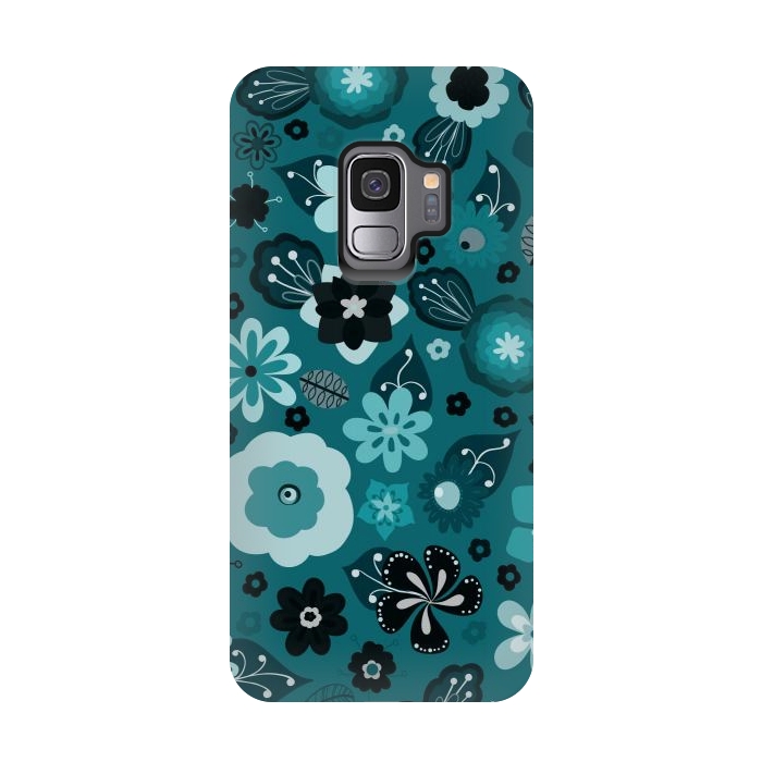 Galaxy S9 StrongFit Kitsch 70s Flowers in Monochrome Classic Blue by Paula Ohreen