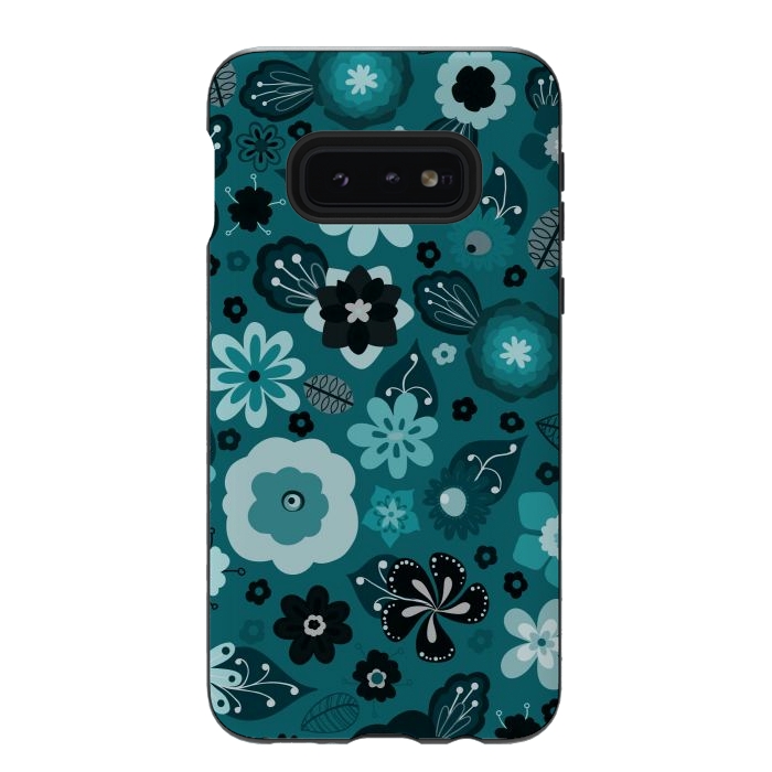 Galaxy S10e StrongFit Kitsch 70s Flowers in Monochrome Classic Blue by Paula Ohreen