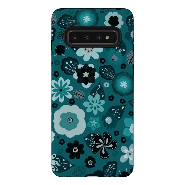 Galaxy S10 StrongFit Kitsch 70s Flowers in Monochrome Classic Blue by Paula Ohreen