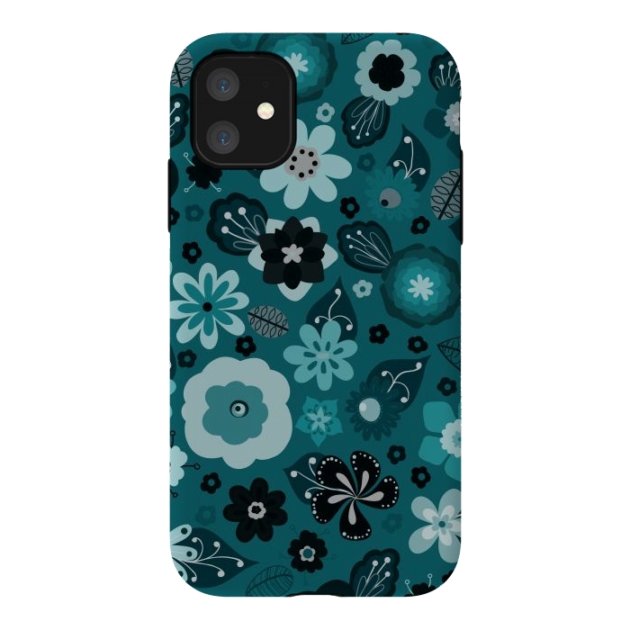 iPhone 11 StrongFit Kitsch 70s Flowers in Monochrome Classic Blue by Paula Ohreen