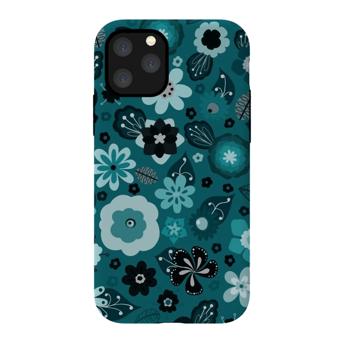 iPhone 11 Pro StrongFit Kitsch 70s Flowers in Monochrome Classic Blue by Paula Ohreen