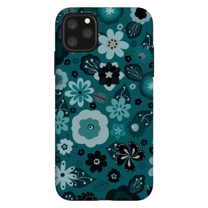iPhone 11 Pro Max StrongFit Kitsch 70s Flowers in Monochrome Classic Blue by Paula Ohreen