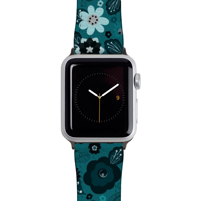 Watch 42mm / 44mm Strap PU leather Kitsch 70s Flowers in Monochrome Classic Blue by Paula Ohreen