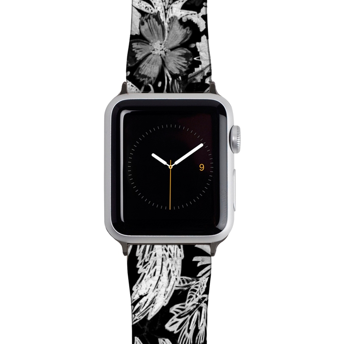 Watch 42mm / 44mm Strap PU leather Black and white marker sketched flowers by Oana 