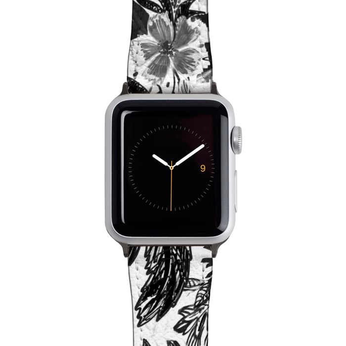 Watch 42mm / 44mm Strap PU leather Black ink sketched flowers by Oana 