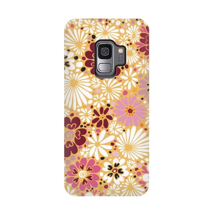 Galaxy S9 StrongFit 70s Valentine Flowers in Pink, Cream and Yellow by Paula Ohreen