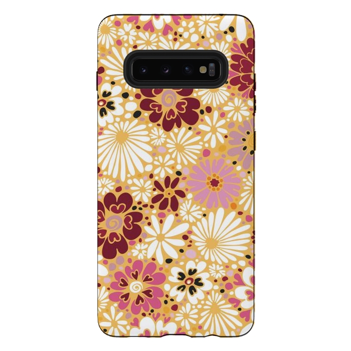Galaxy S10 plus StrongFit 70s Valentine Flowers in Pink, Cream and Yellow by Paula Ohreen