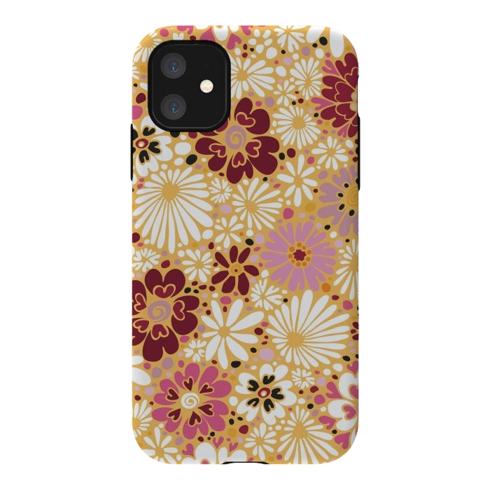 iPhone 11 StrongFit 70s Valentine Flowers in Pink, Cream and Yellow by Paula Ohreen