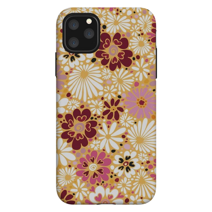 iPhone 11 Pro Max StrongFit 70s Valentine Flowers in Pink, Cream and Yellow by Paula Ohreen