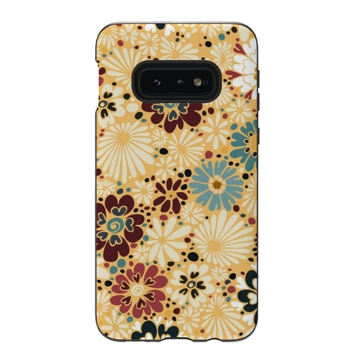 Galaxy S10e StrongFit 70s Valentine Flowers in Blue and Yellow by Paula Ohreen