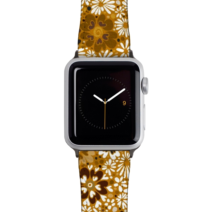 Watch 42mm / 44mm Strap PU leather 70s Valentine Flowers in Mustard and White by Paula Ohreen