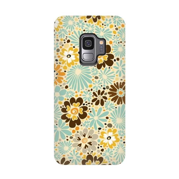 Galaxy S9 StrongFit 70s Valentine Flowers in Orange, Brown and Blue by Paula Ohreen