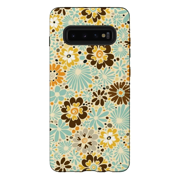 Galaxy S10 plus StrongFit 70s Valentine Flowers in Orange, Brown and Blue by Paula Ohreen