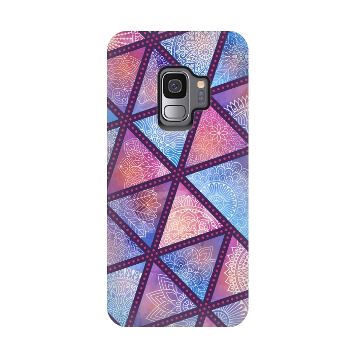 Galaxy S9 StrongFit triangle mandala pattern blue pink by MALLIKA