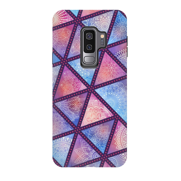 Galaxy S9 plus StrongFit triangle mandala pattern blue pink by MALLIKA