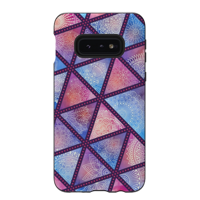 Galaxy S10e StrongFit triangle mandala pattern blue pink by MALLIKA