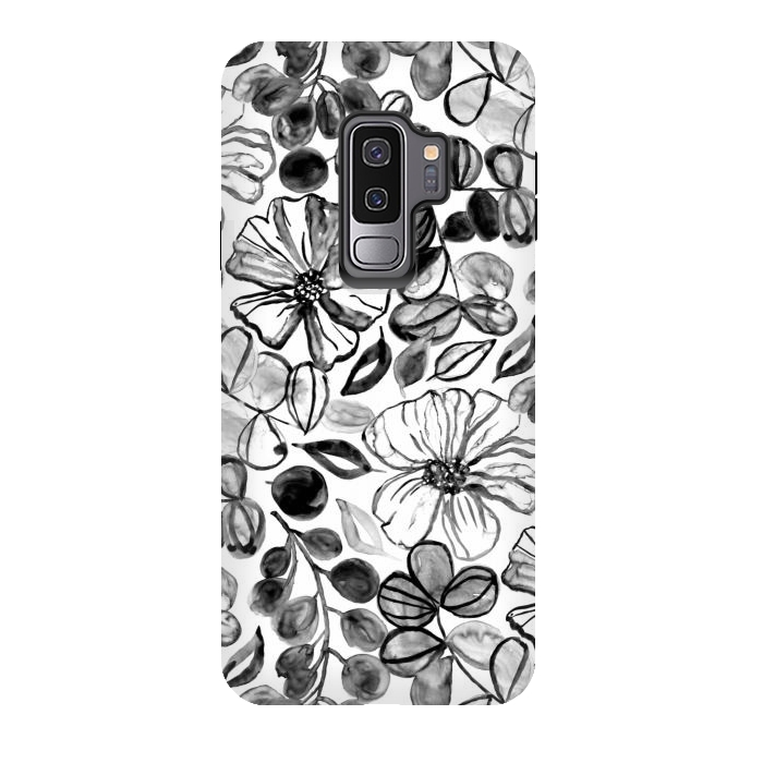 Galaxy S9 plus StrongFit Black & White Painted Floral  by Tigatiga