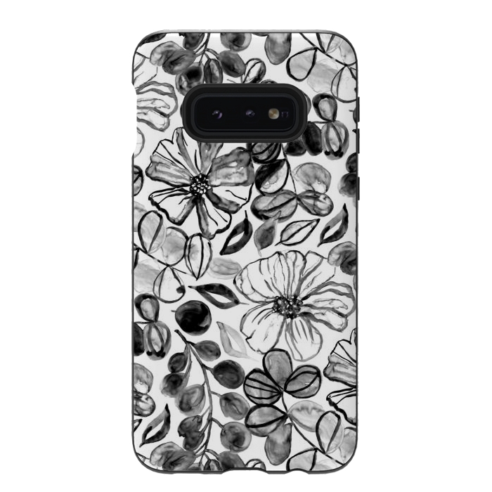 Galaxy S10e StrongFit Black & White Painted Floral  by Tigatiga