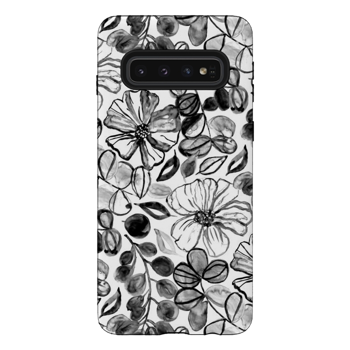 Galaxy S10 StrongFit Black & White Painted Floral  by Tigatiga
