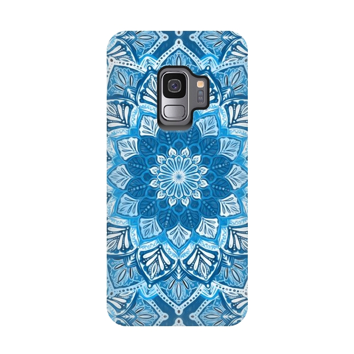 Galaxy S9 StrongFit Boho Mandala in Monochrome Blue and White by Micklyn Le Feuvre