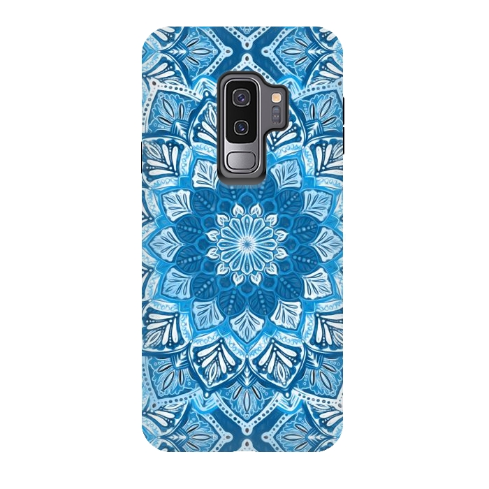 Galaxy S9 plus StrongFit Boho Mandala in Monochrome Blue and White by Micklyn Le Feuvre