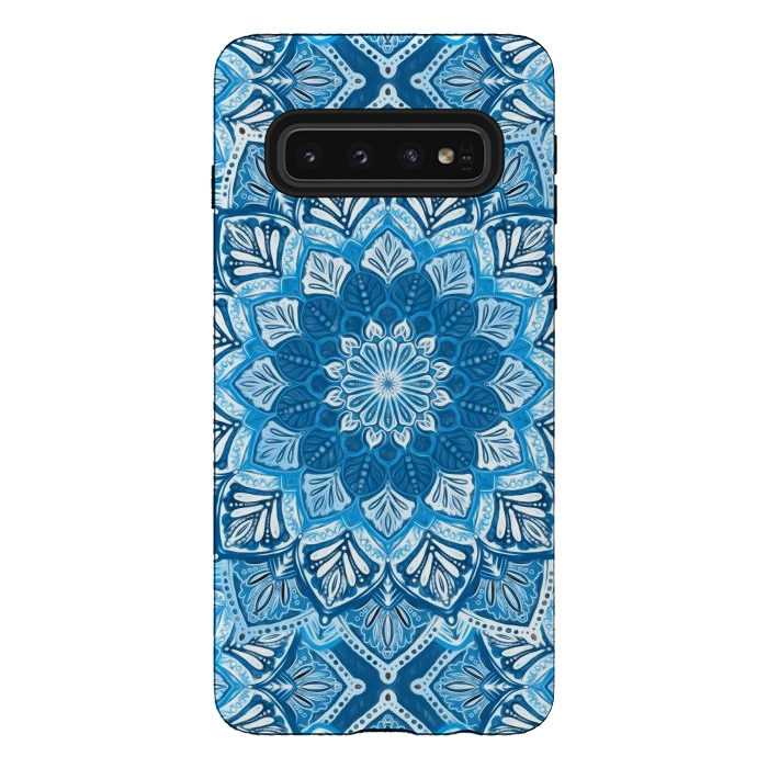 Galaxy S10 StrongFit Boho Mandala in Monochrome Blue and White by Micklyn Le Feuvre