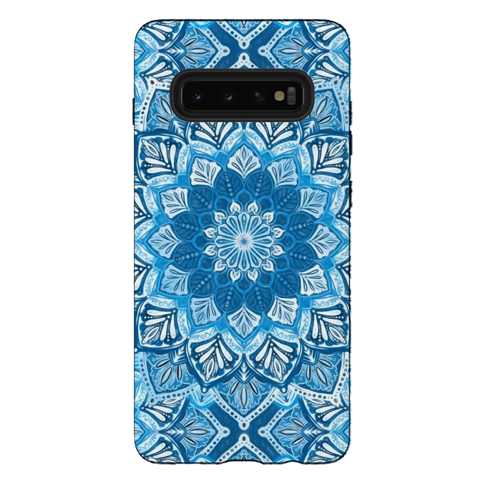 Galaxy S10 plus StrongFit Boho Mandala in Monochrome Blue and White by Micklyn Le Feuvre