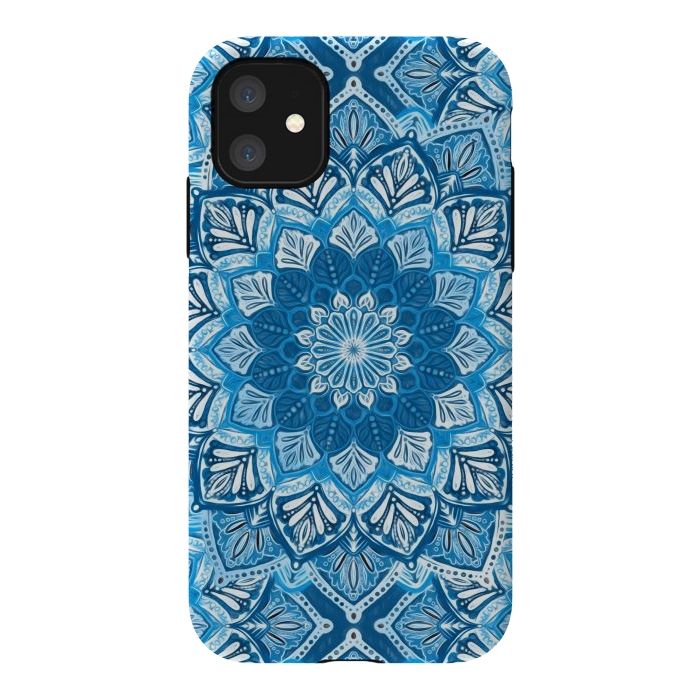 iPhone 11 StrongFit Boho Mandala in Monochrome Blue and White by Micklyn Le Feuvre