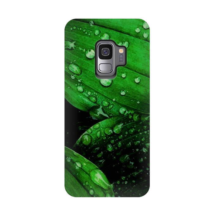 Galaxy S9 StrongFit green leaf with raindrops by haroulita