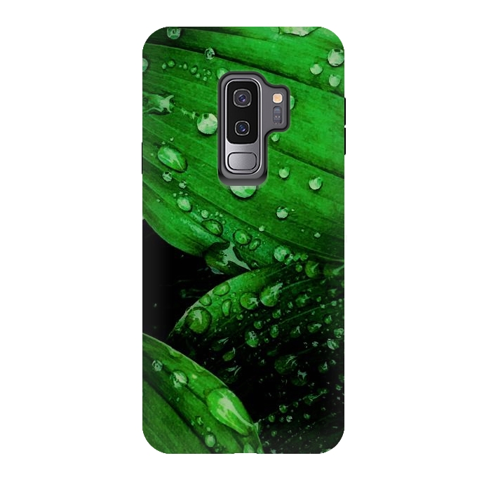 Galaxy S9 plus StrongFit green leaf with raindrops by haroulita