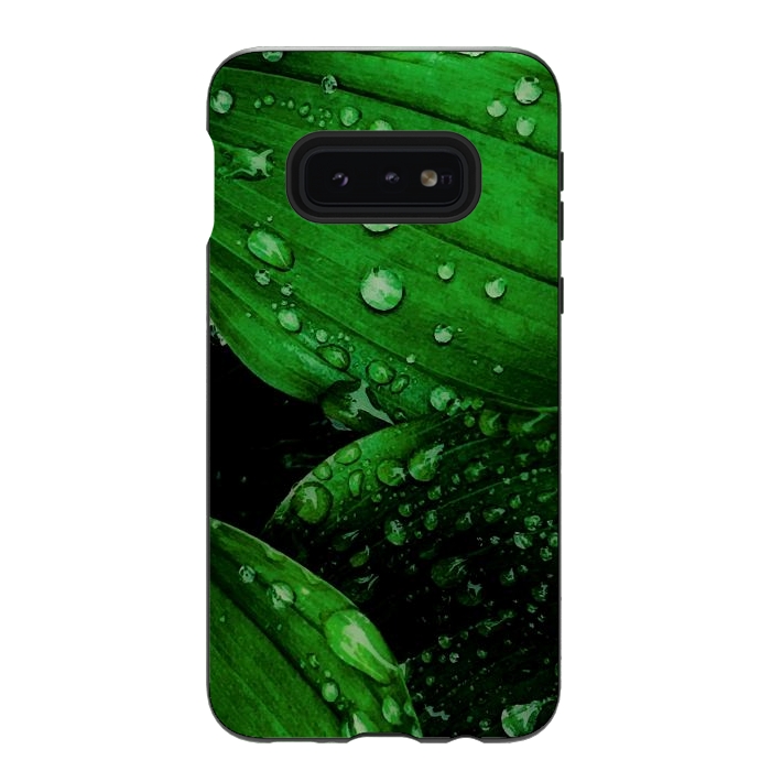 Galaxy S10e StrongFit green leaf with raindrops by haroulita
