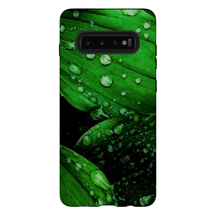 Galaxy S10 plus StrongFit green leaf with raindrops by haroulita