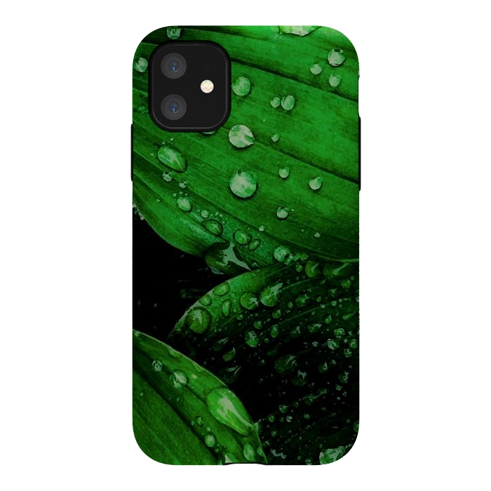iPhone 11 StrongFit green leaf with raindrops by haroulita