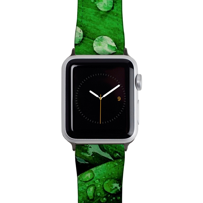 Watch 38mm / 40mm Strap PU leather green leaf with raindrops by haroulita