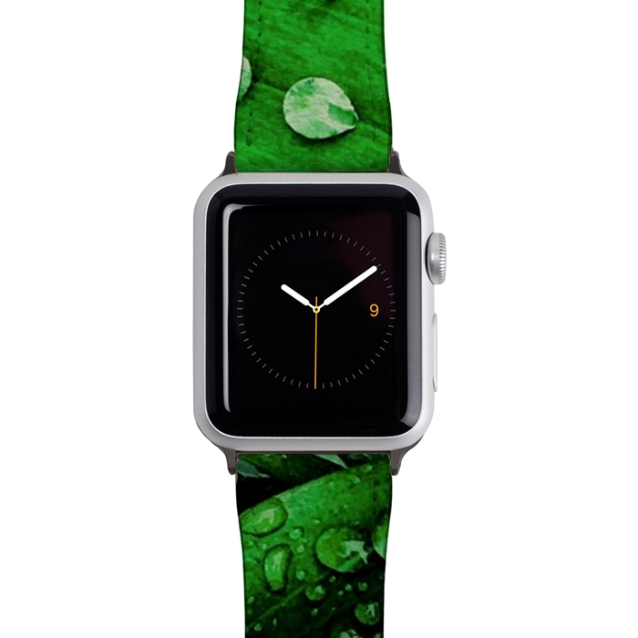 Watch 42mm / 44mm Strap PU leather green leaf with raindrops by haroulita