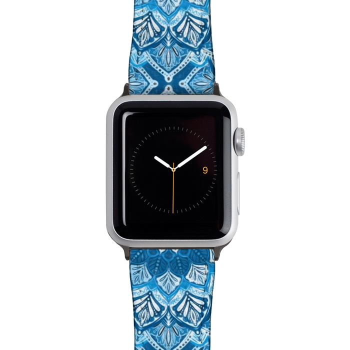 Watch 42mm / 44mm Strap PU leather Boho Mandala in Monochrome Blue and White by Micklyn Le Feuvre