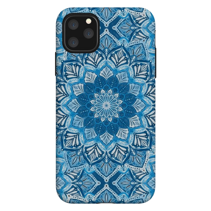 iPhone 11 Pro Max StrongFit Boho Mandala in Monochrome Blue and White by Micklyn Le Feuvre