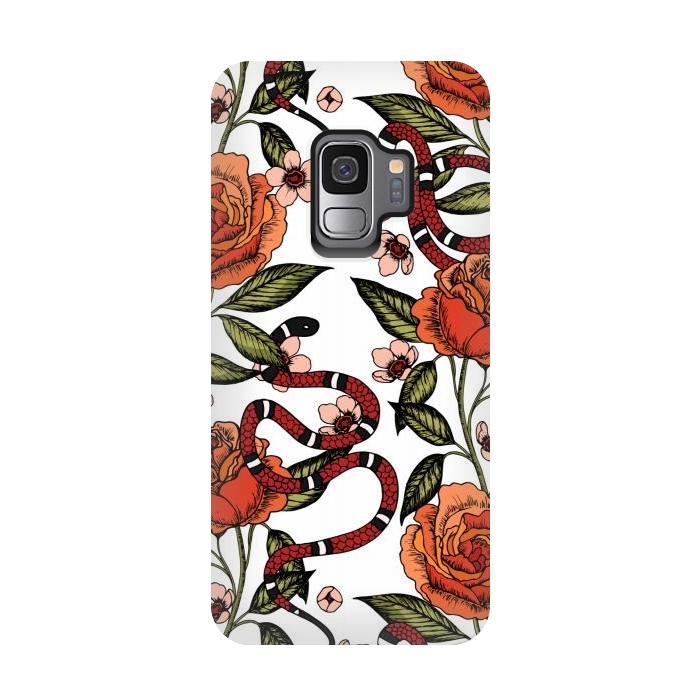 Galaxy S9 StrongFit Roses and snake. White pattern by Julia Badeeva