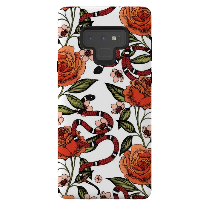 Galaxy Note 9 StrongFit Roses and snake. White pattern by Julia Badeeva