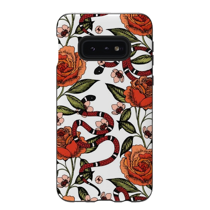 Galaxy S10e StrongFit Roses and snake. White pattern by Julia Badeeva